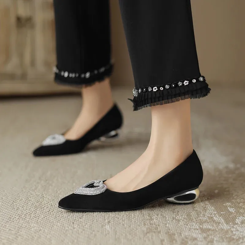 Crystal Heart Pointed Toe Button Heel Shoes